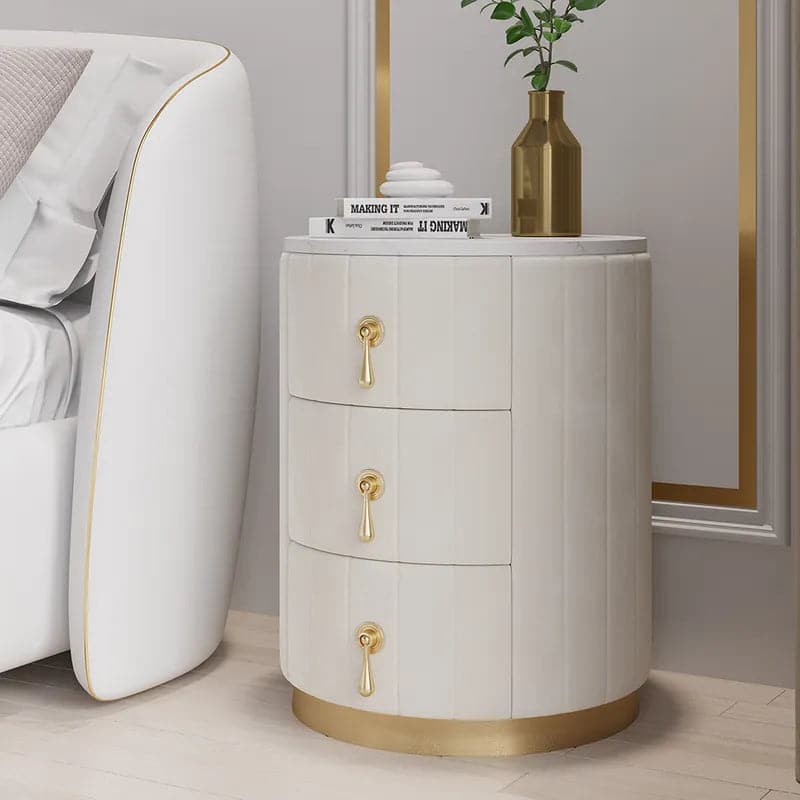 White Velvet Nightstand with Storage Round Nightstand with 3 Drawers Stone Top