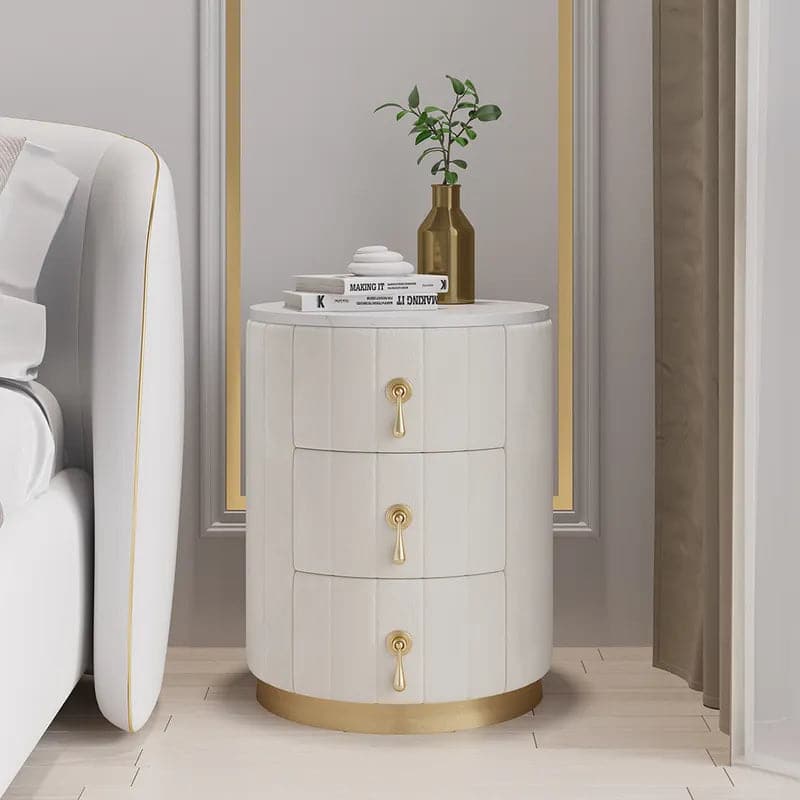 White Velvet Nightstand with Storage Round Nightstand with 3 Drawers Stone Top