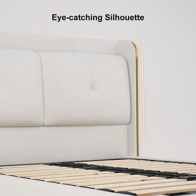 White Wingback King Bed with Faux Leather Upholstered Headboard & Wood Slats