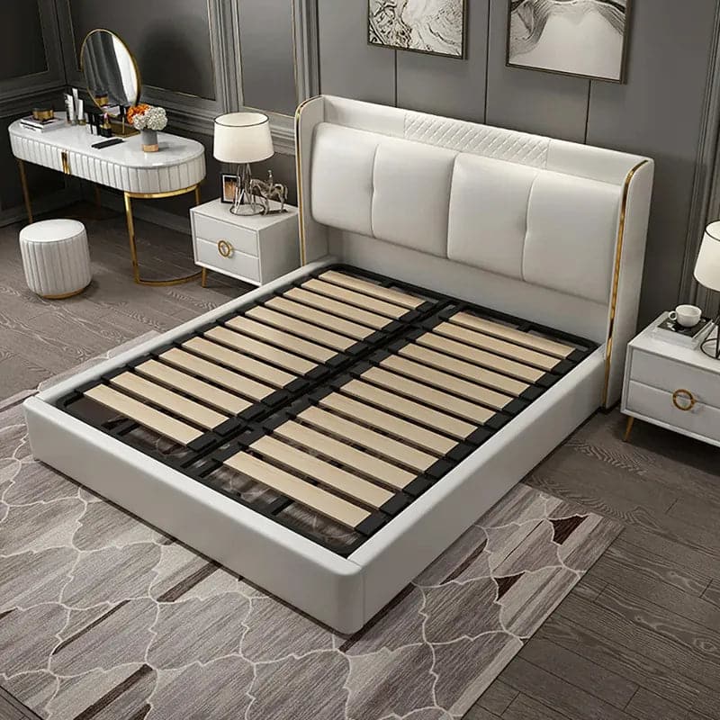 White Wingback King Bed with Faux Leather Upholstered Headboard & Wood Slats