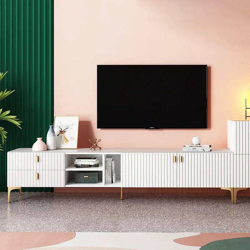 Meuble TV en bois blanc doré pour téléviseurs jusqu'à 85" avec 3 étagères, 2 tiroirs, 2 portes