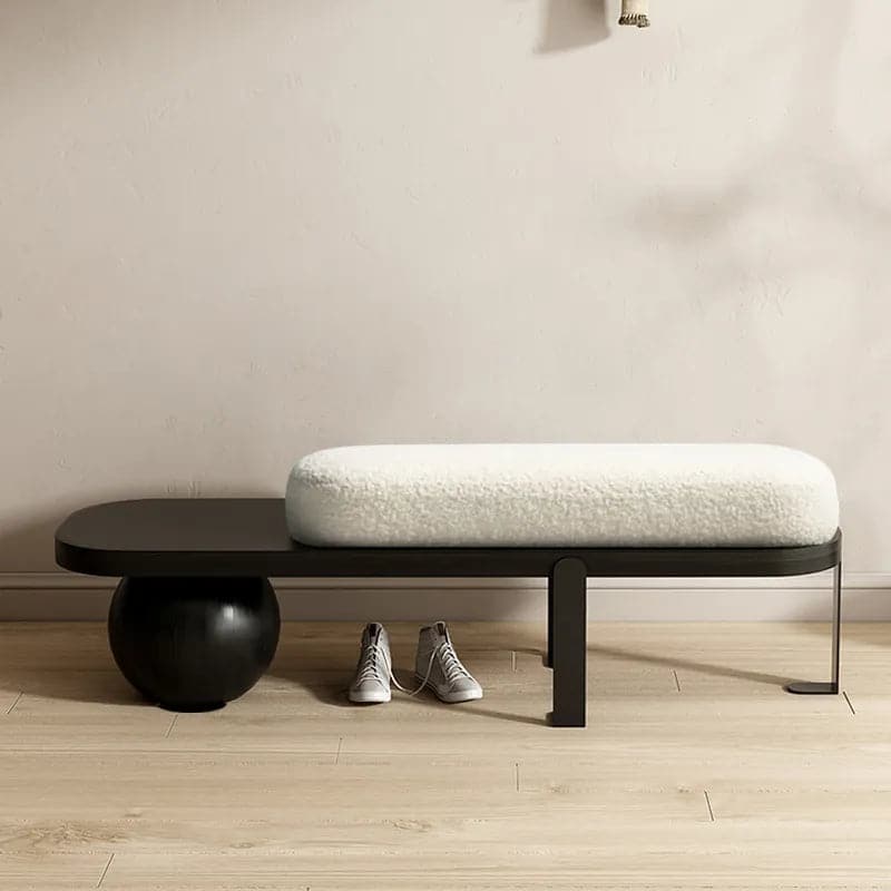 White & Black/Gold Wooden Entryway Bench Boucle Upholstered with Abstract Metal Legs#Black