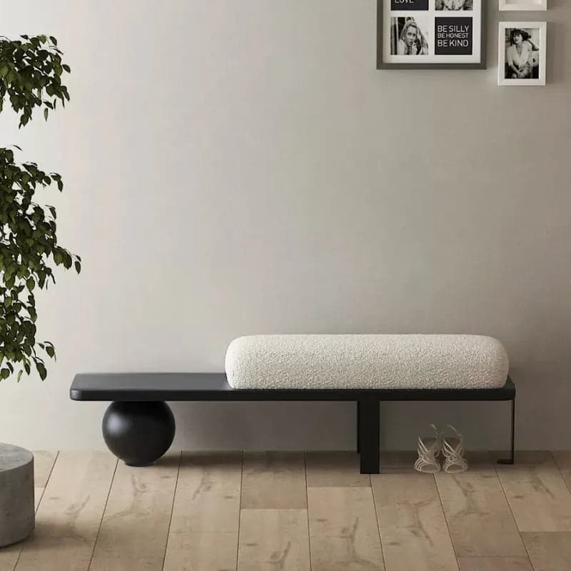 White & Black/Gold Wooden Entryway Bench Boucle Upholstered with Abstract Metal Legs#Black