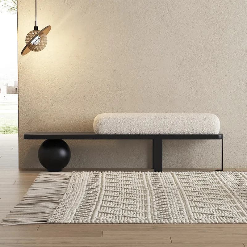 White & Black/Gold Wooden Entryway Bench Boucle Upholstered with Abstract Metal Legs#Black