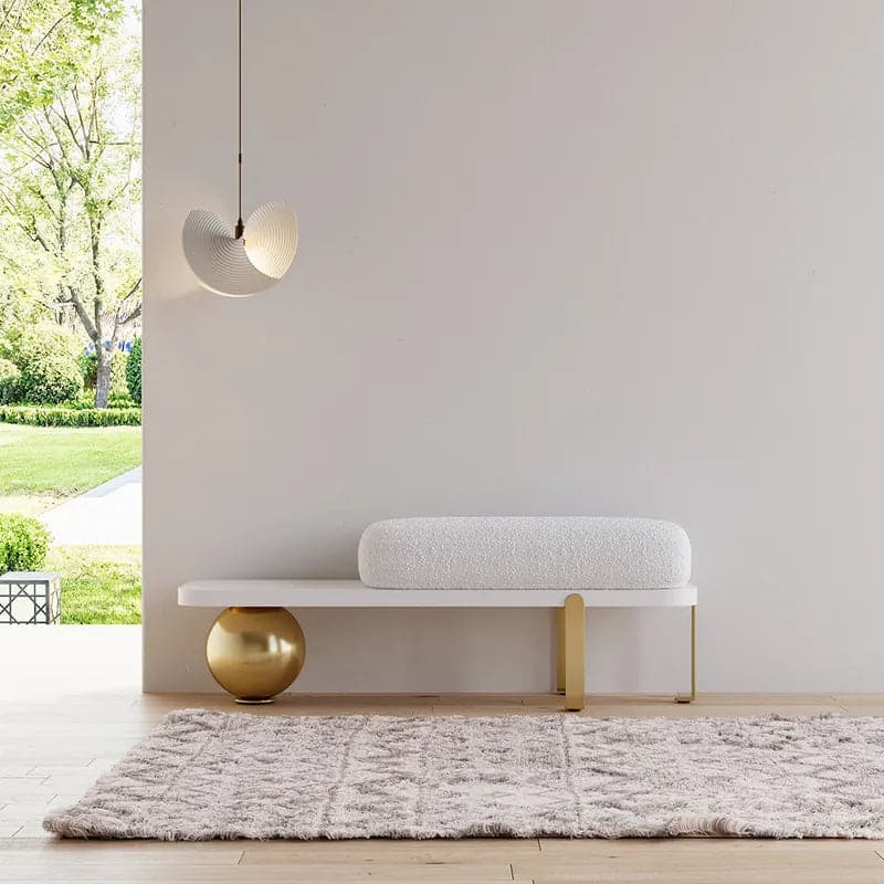 White & Black/Gold Wooden Entryway Bench Boucle Upholstered with Abstract Metal Legs#Gold