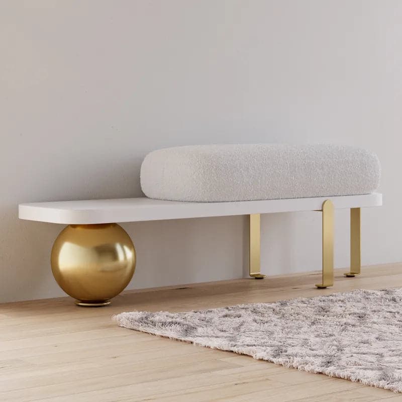 White & Black/Gold Wooden Entryway Bench Boucle Upholstered with Abstract Metal Legs#Gold