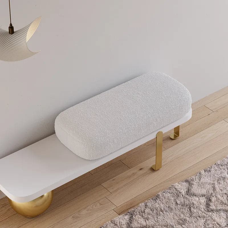 White & Black/Gold Wooden Entryway Bench Boucle Upholstered with Abstract Metal Legs#Gold