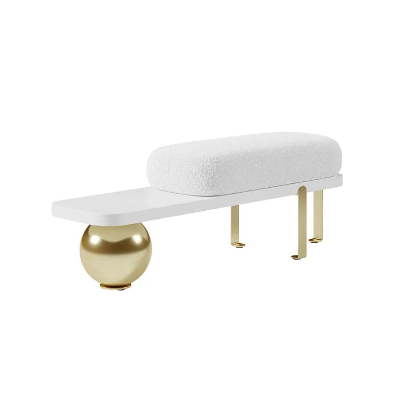 White & Black/Gold Wooden Entryway Bench Boucle Upholstered with Abstract Metal Legs#Gold