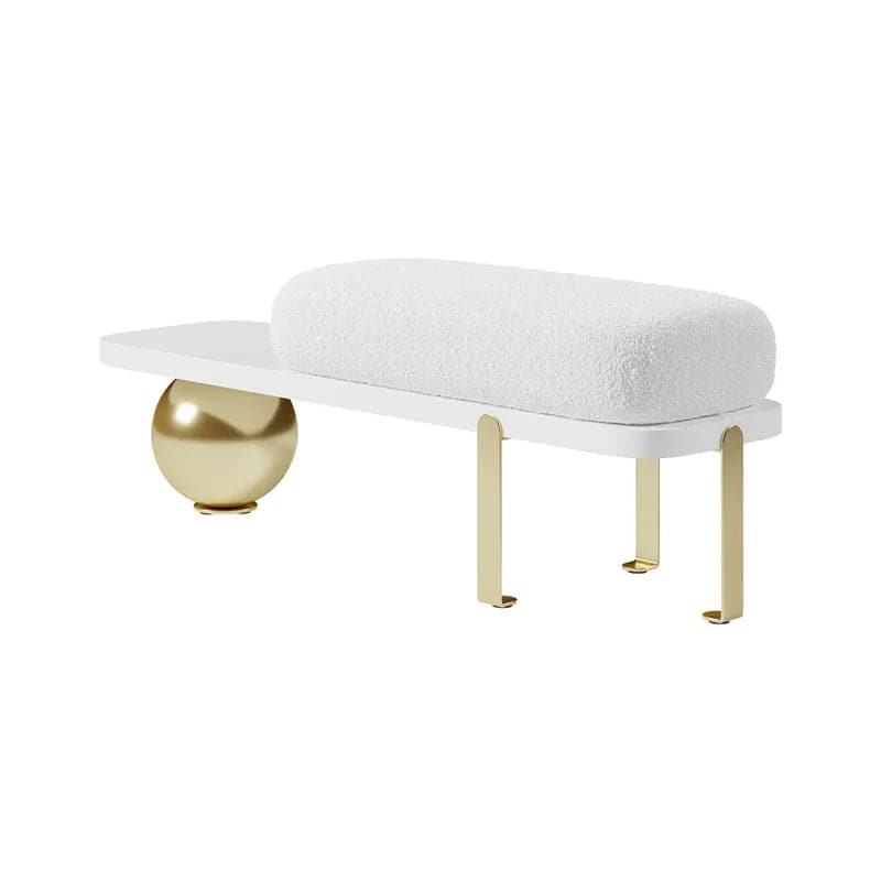 White & Black/Gold Wooden Entryway Bench Boucle Upholstered with Abstract Metal Legs#Gold