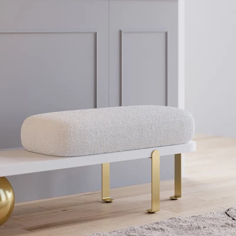 White & Black/Gold Wooden Entryway Bench Boucle Upholstered with Abstract Metal Legs#Gold