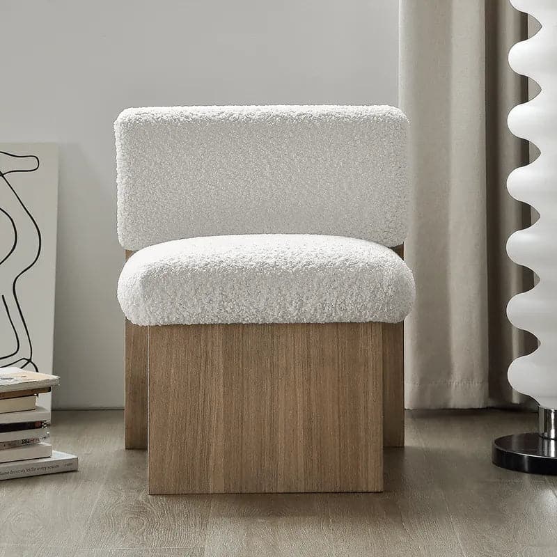 White & Natural Modern Wood Accent Chair Boucle Upholstery for Living Room