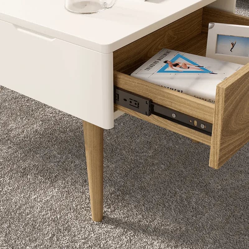 Table basse rectangulaire en bois blanc et naturel avec tiroir, table de rangement relevable 
