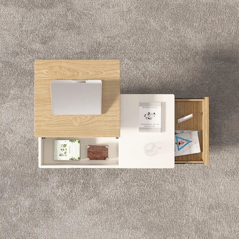 Table basse rectangulaire en bois blanc et naturel avec tiroir, table de rangement relevable 