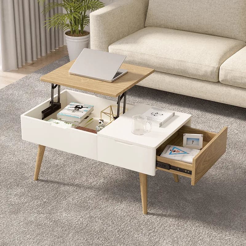 Table basse rectangulaire en bois blanc et naturel avec tiroir, table de rangement relevable 