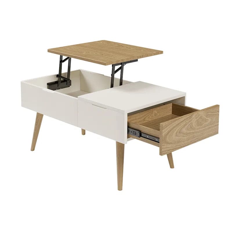 Table basse rectangulaire en bois blanc et naturel avec tiroir, table de rangement relevable 