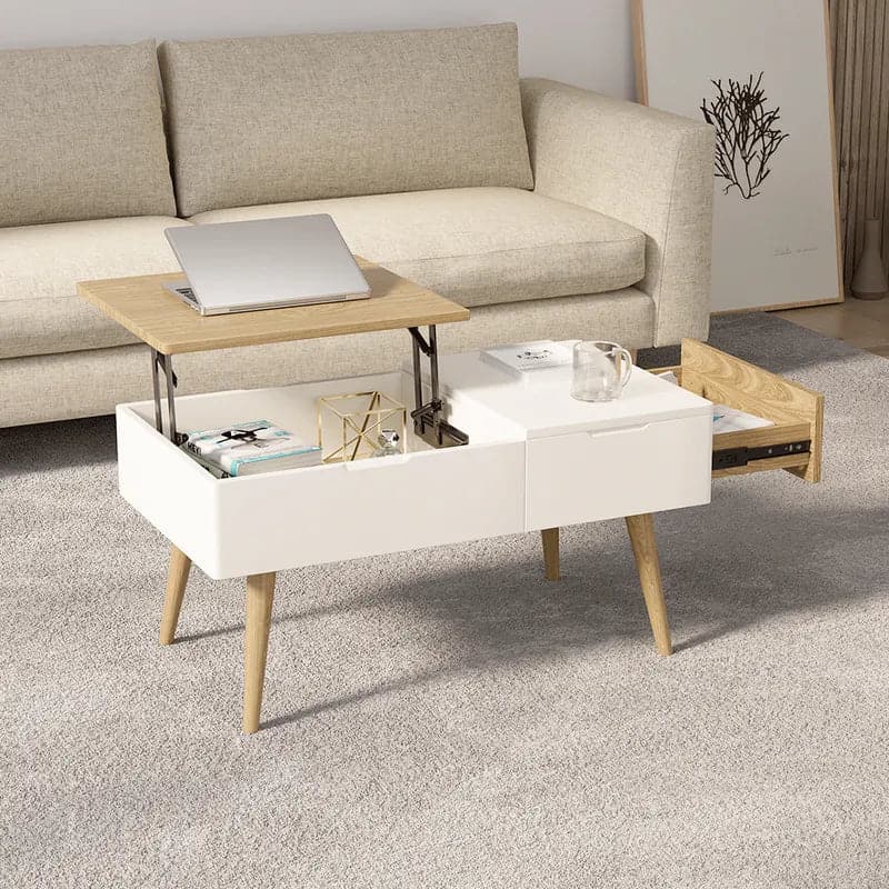 Table basse rectangulaire en bois blanc et naturel avec tiroir, table de rangement relevable 