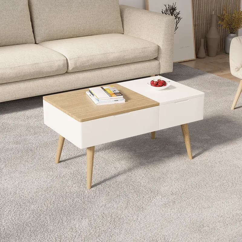 Table basse rectangulaire en bois blanc et naturel avec tiroir, table de rangement relevable 