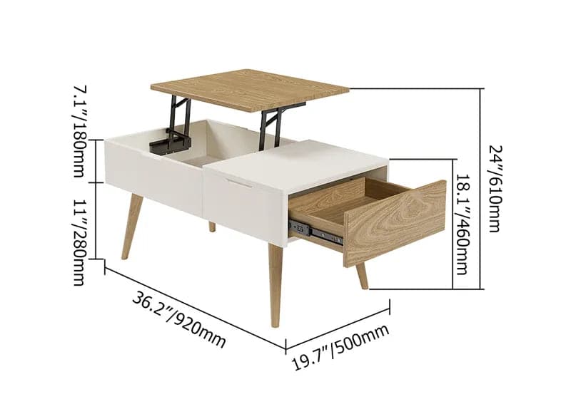 Table basse rectangulaire en bois blanc et naturel avec tiroir, table de rangement relevable 