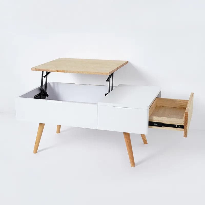 Table basse rectangulaire en bois blanc et naturel avec tiroir, table de rangement relevable 