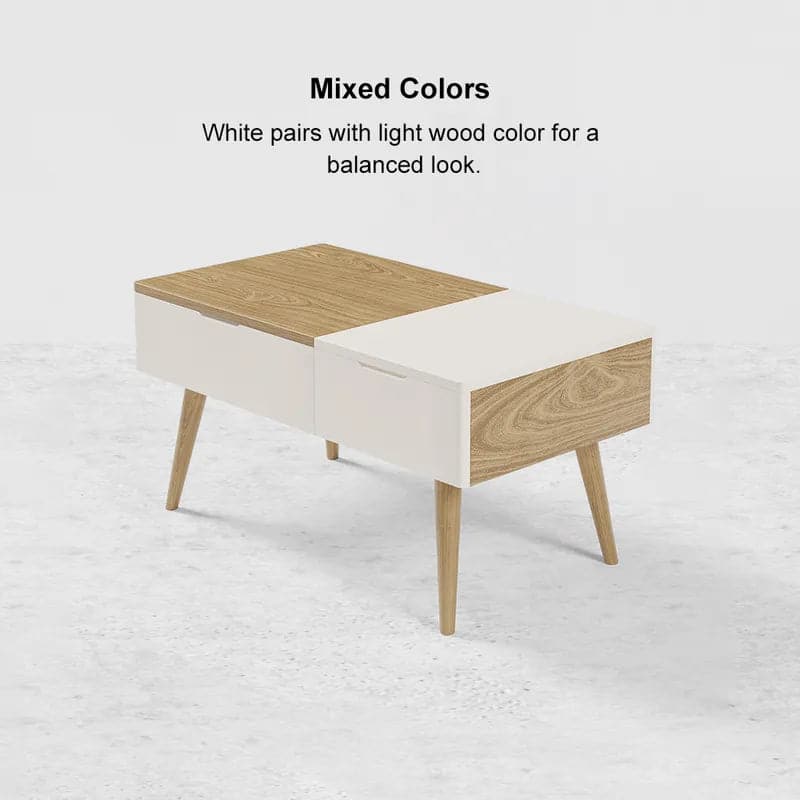 Table basse rectangulaire en bois blanc et naturel avec tiroir, table de rangement relevable 