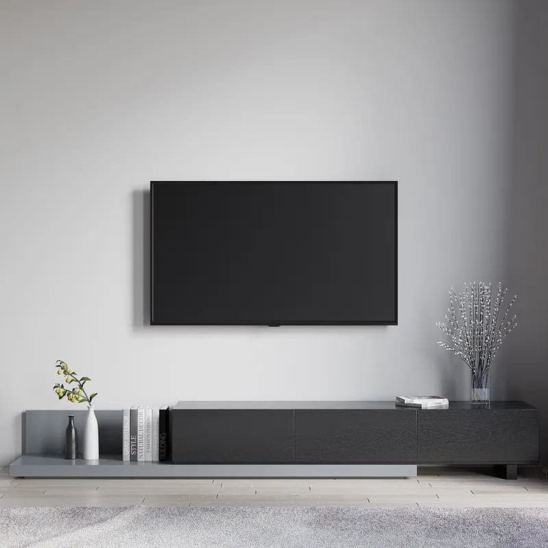 Rectangle Wood Extendable TV Stand Black and Gray Media Console with 3-Drawer#Black and Gray