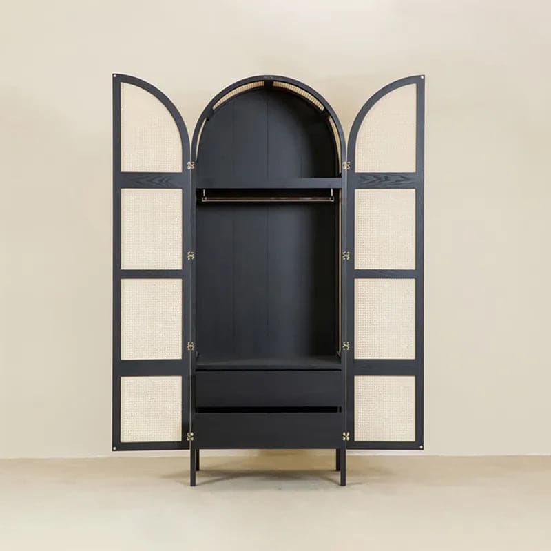 Natural&Black Woven Rattan Bedroom Clothing Armoire with Hidden 2 Doors and Drawers Wardrobe#Black