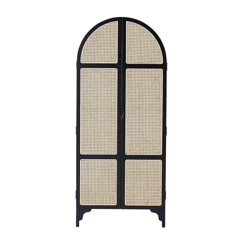 Natural&Black Woven Rattan Bedroom Clothing Armoire with Hidden 2 Doors and Drawers Wardrobe#Black