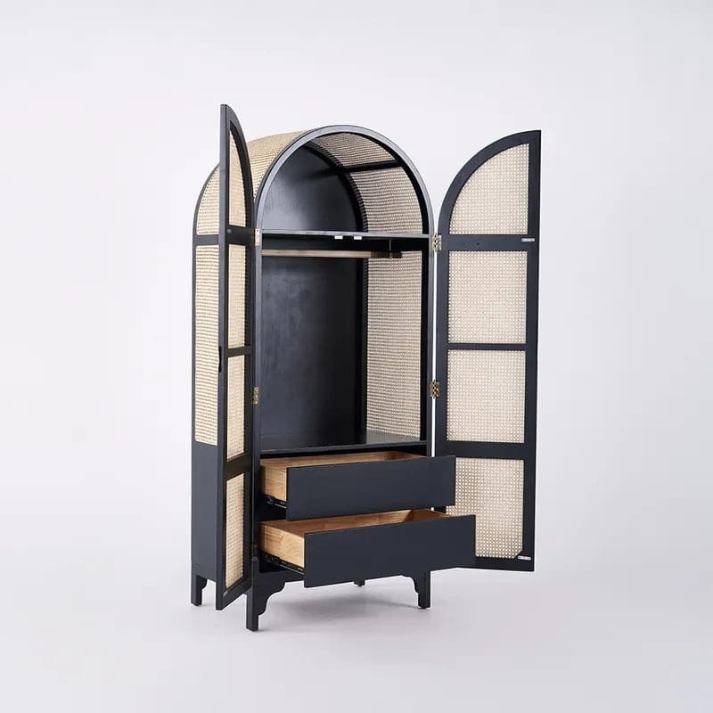 Natural&Black Woven Rattan Bedroom Clothing Armoire with Hidden 2 Doors and Drawers Wardrobe#Black