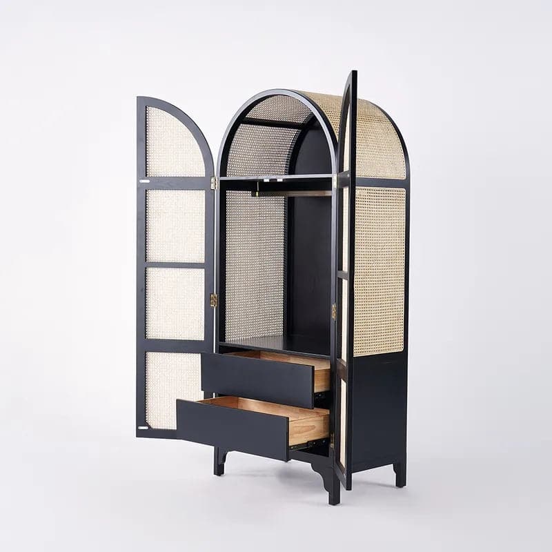 Natural&Black Woven Rattan Bedroom Clothing Armoire with Hidden 2 Doors and Drawers Wardrobe#Black