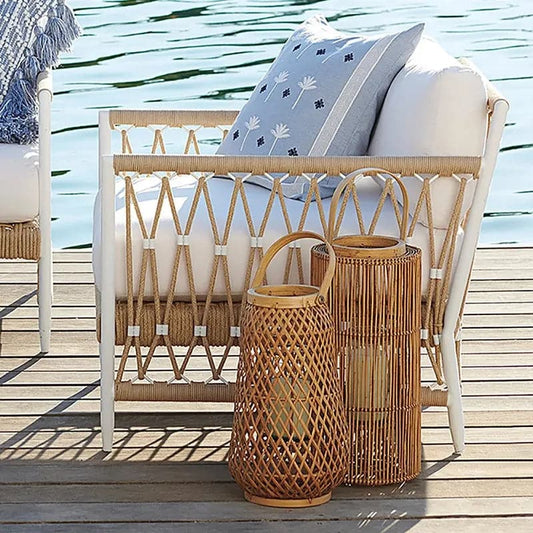 Woven Rope Outdoor Armchair Accent Chair with White Polyester Cushion