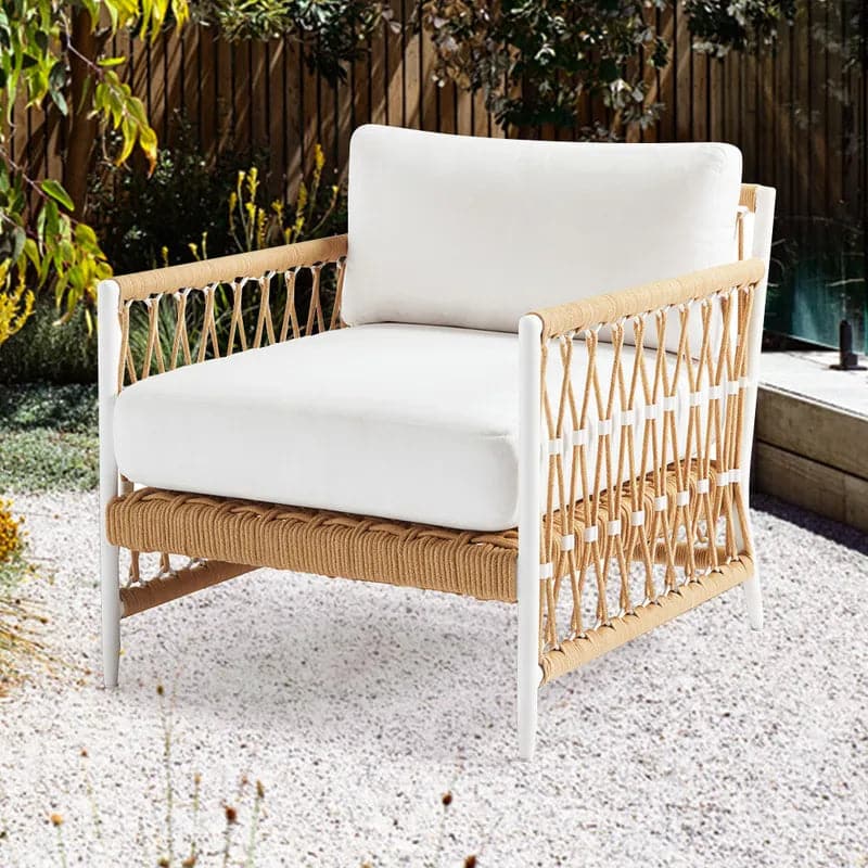 Fauteuil d'appoint d'extérieur en corde tissée avec coussin en polyester blanc