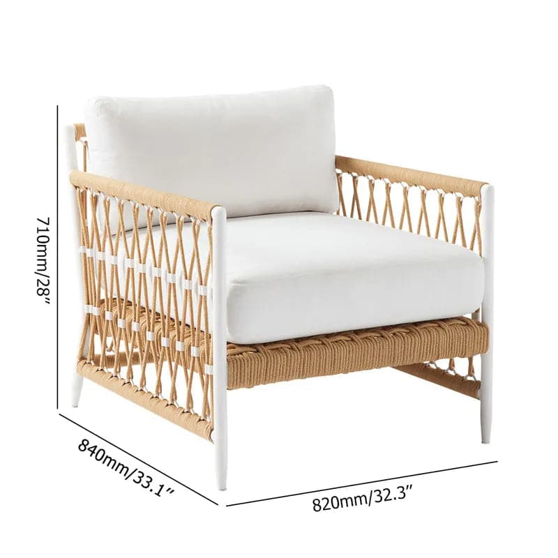 Fauteuil d'appoint d'extérieur en corde tissée avec coussin en polyester blanc