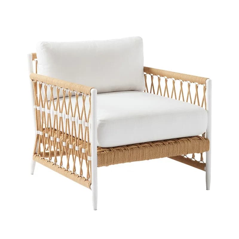 Fauteuil d'appoint d'extérieur en corde tissée avec coussin en polyester blanc