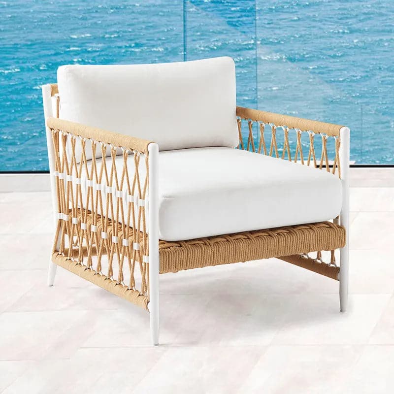 Fauteuil d'appoint d'extérieur en corde tissée avec coussin en polyester blanc