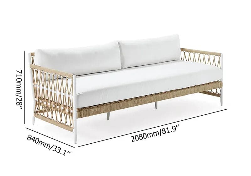 Canapé d'extérieur 3 places en corde tissée avec coussin d'oreiller en polyester blanc
