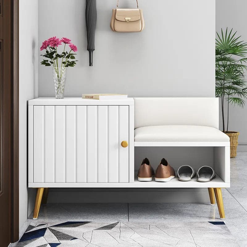 Yellar White/Gray Modern Upholstered Shoe Rack Bench with Storage Cabinet Entryway#White-S