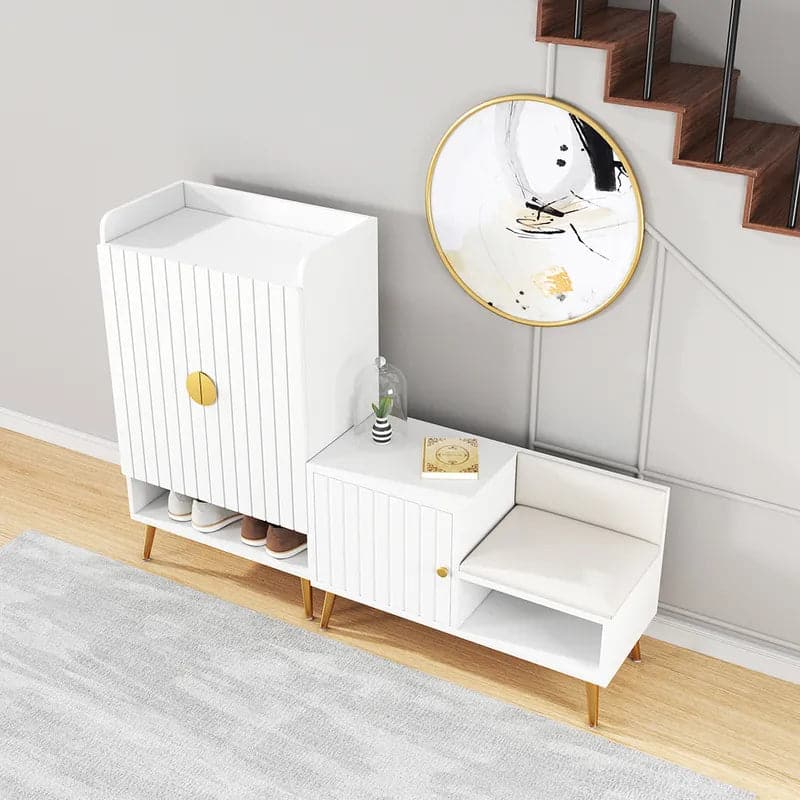 Yellar White/Gray Modern Upholstered Shoe Rack Bench with Storage Cabinet Entryway#White-S