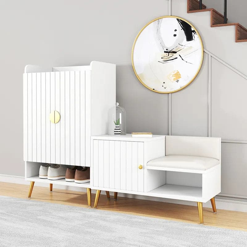 Yellar White/Gray Modern Upholstered Shoe Rack Bench with Storage Cabinet Entryway#White-S