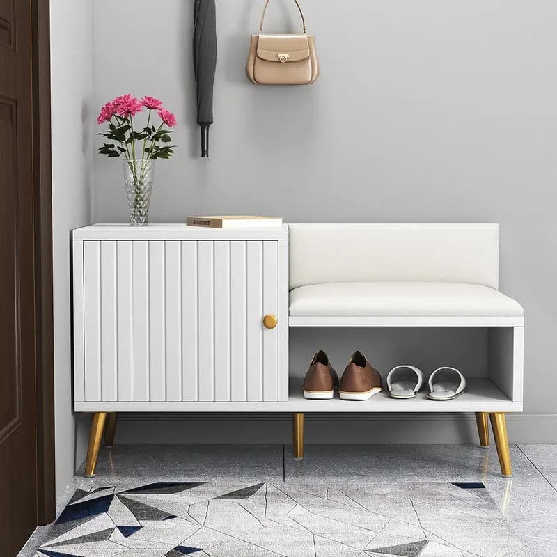 White/Gray Modern Upholstered Shoe Rack Bench with Storage Cabinet Entryway