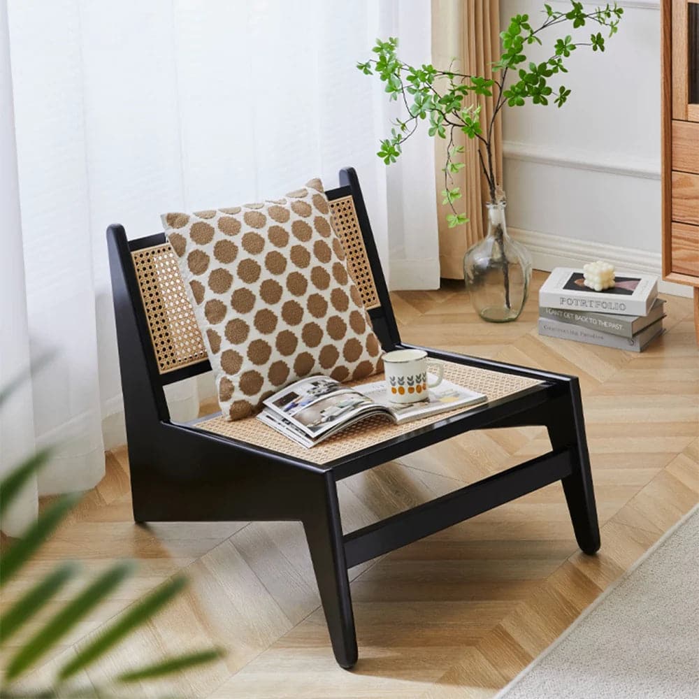 Japandi Black Rattan and Wood Lounge Chair Accent Chair for Living Room