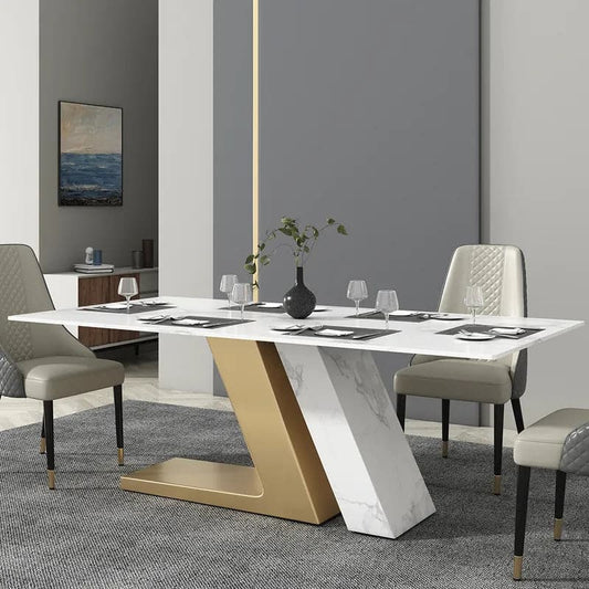 Table de salle à manger blanche moderne 63"/71"/79" pour 8 rectangles en pierre frittée et piédestal en acier inoxydable