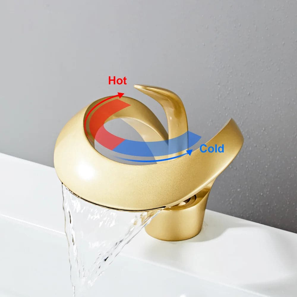 Modern Elegant Waterfall Bathroom Sink Faucet Single Handle Solid Brass in Gold#Gold