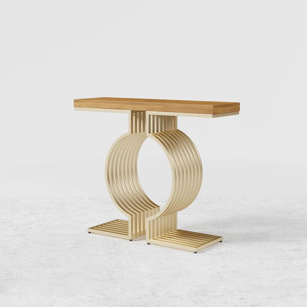 Modern Walnut Narrow Sofa Console Table with Geometric Metal Base in Gold