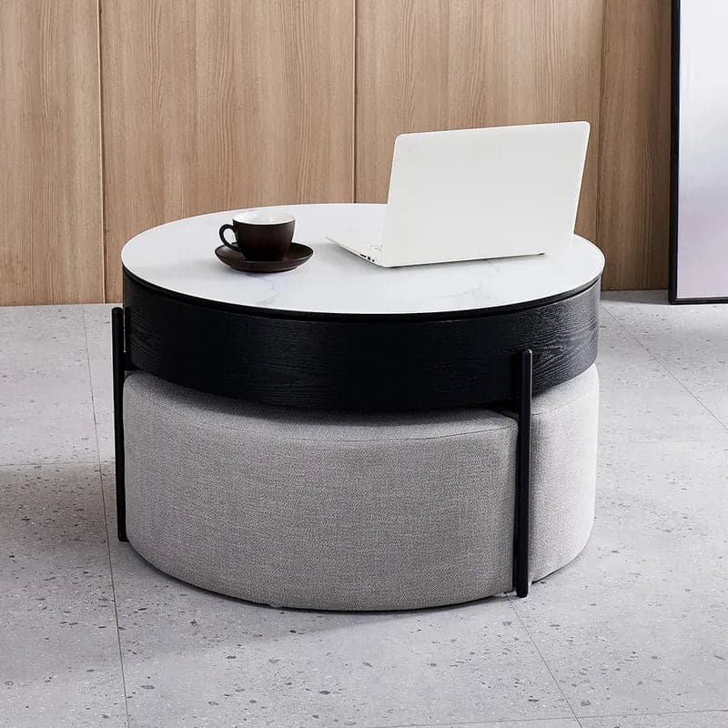 Modern Round Lift-Top Coffee Table with Storage & 3 Ottoman#White & Black