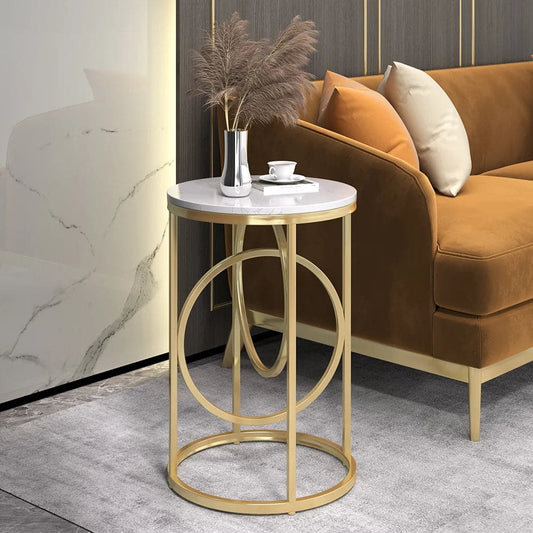 Modern White Round End Table Marble Top Side Table Metal in Gold