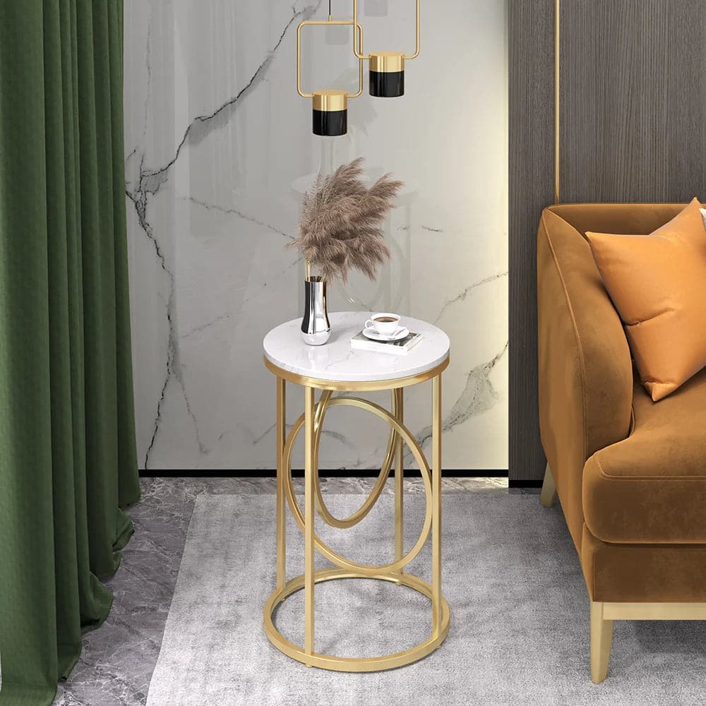 Modern White Round End Table Marble Top Side Table Metal in Gold