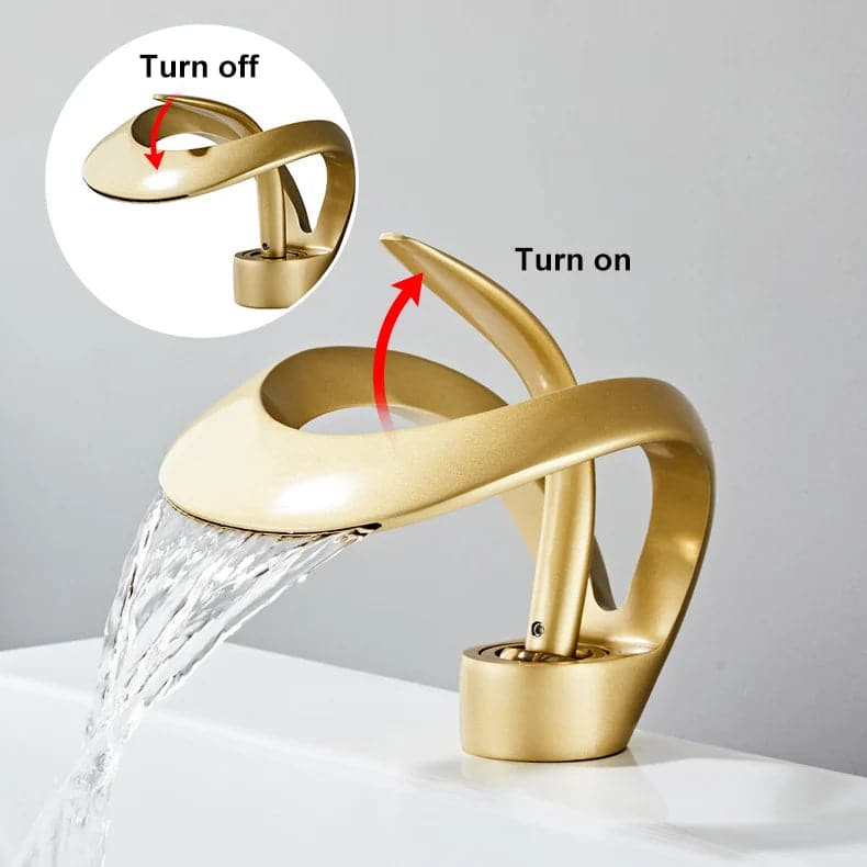 Modern Elegant Waterfall Bathroom Sink Faucet Single Handle Solid Brass in Gold#Gold