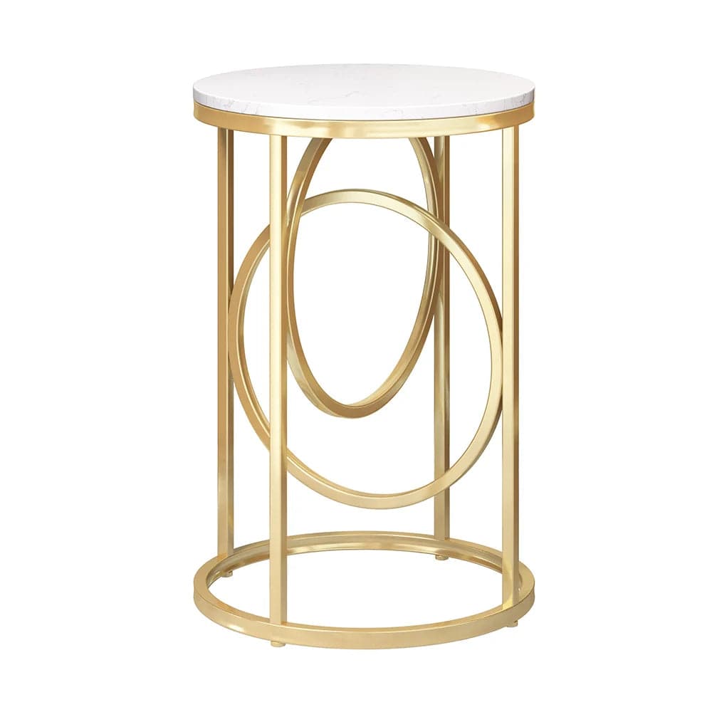 Modern White Round End Table Marble Top Side Table Metal in Gold