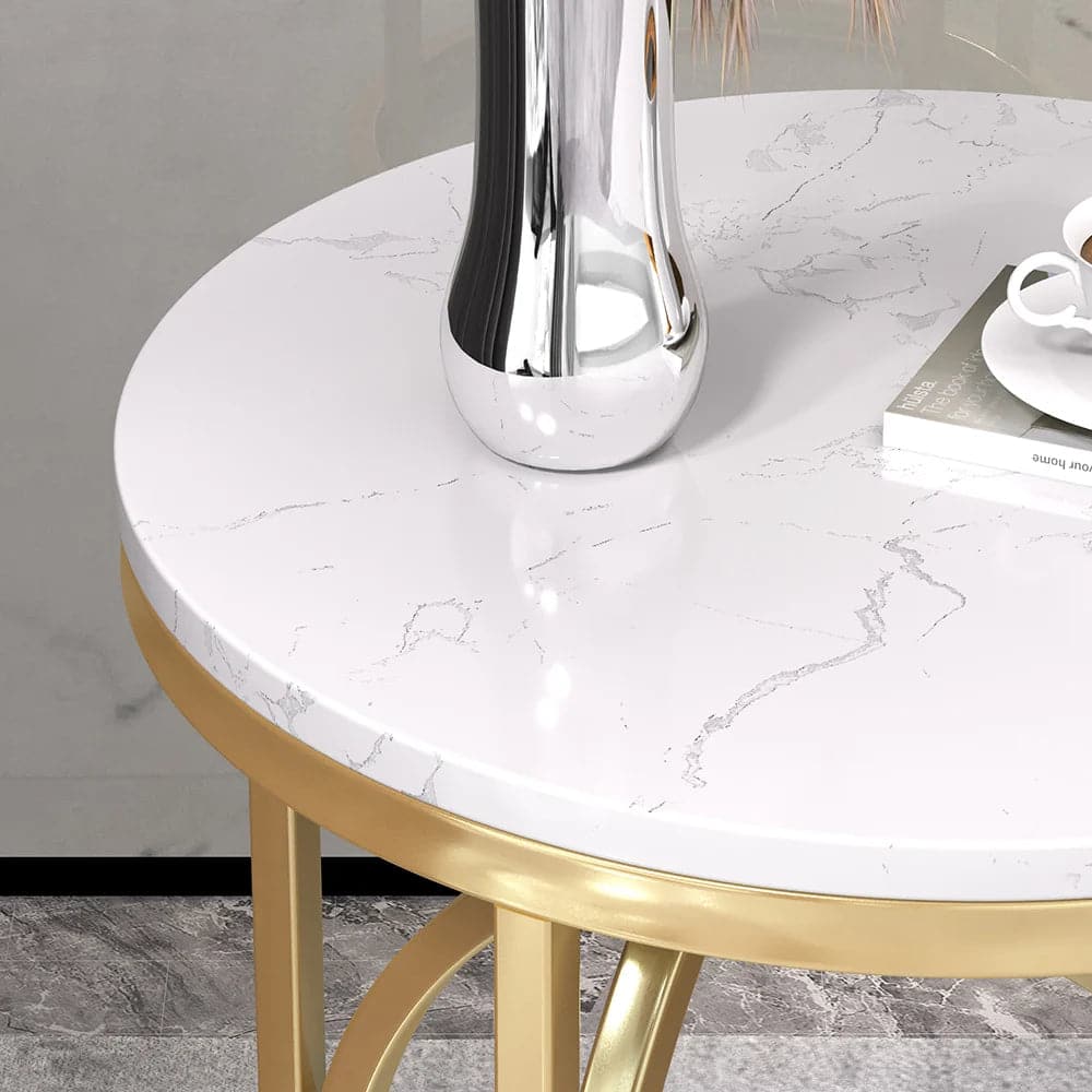 Modern White Round End Table Marble Top Side Table Metal in Gold